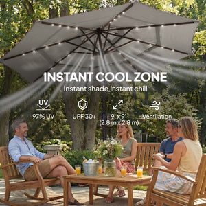 2.83m Patio Umbrella with Solar LED Lights, Cover, 3-Tier with Tilt and Crank, Grey