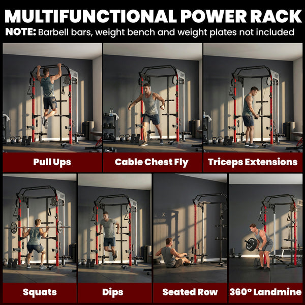 Cage de musculation avec système de poulies réglables, barre de traction, station de dips, barre de traction Landmine