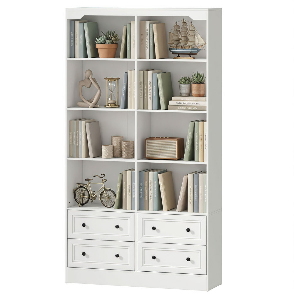 71" White Bookcase with 8 Cubbies and 4 Drawers