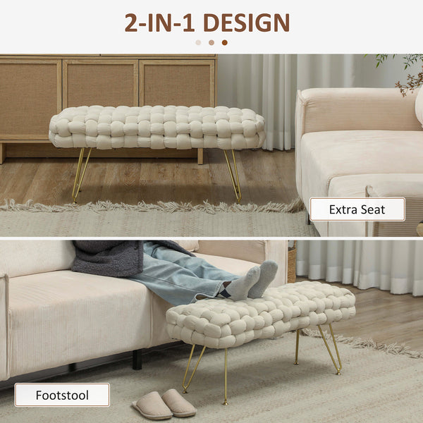 Banc de lit rembourré en velours avec pieds en métal doré, blanc crème