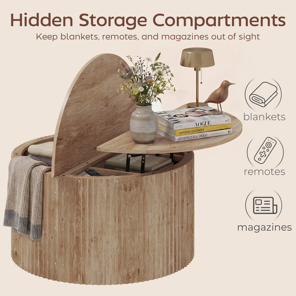 Table basse ronde relevable avec rangement caché effet bois naturel