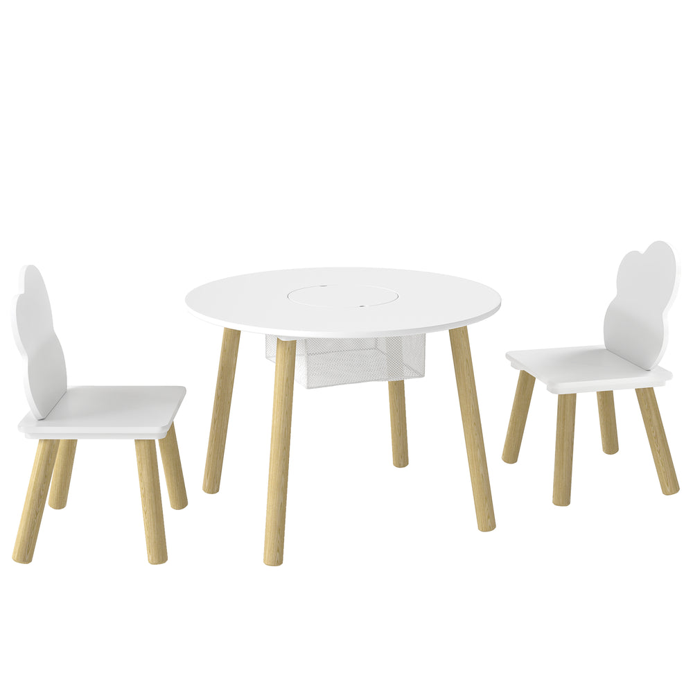 Ensemble table et chaises pour enfants 3 pièces, comprenant une table d'activités, des chaises en forme de nuage et un sac en filet.