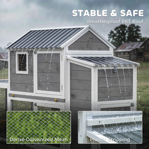Large wooden chicken coop with run, nesting box, pull-out tray, waterproof roof, and access ramp.
