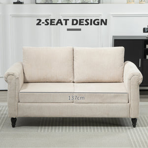 Canapé 2 places vintage avec accoudoirs roulés et pieds en bois d'hévéa, beige