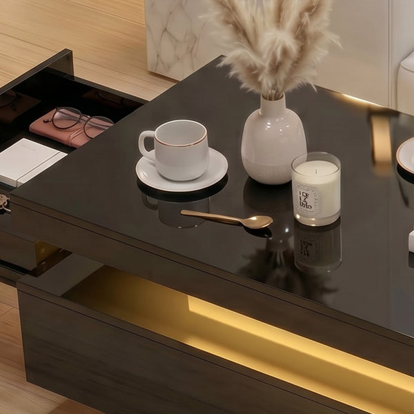 Table basse avec rangement à 2 niveaux et 2 tiroirs pour salon, noir brillant