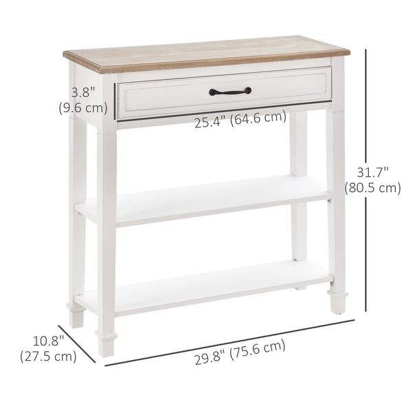 Console d'entrée étroite et moderne avec tiroir et 2 étagères, blanche
