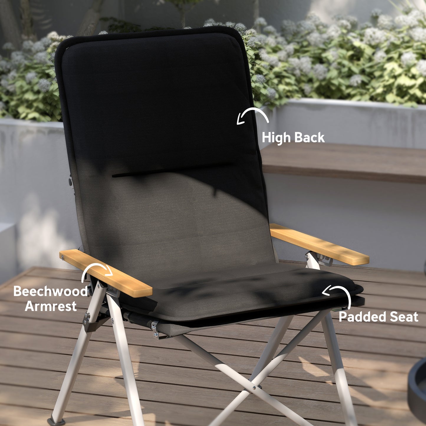 Lot de 2 chaises de camping Outsunny, chaise pliante portable avec siège rembourré et sac, fauteuil inclinable d'extérieur à dossier haut, noir