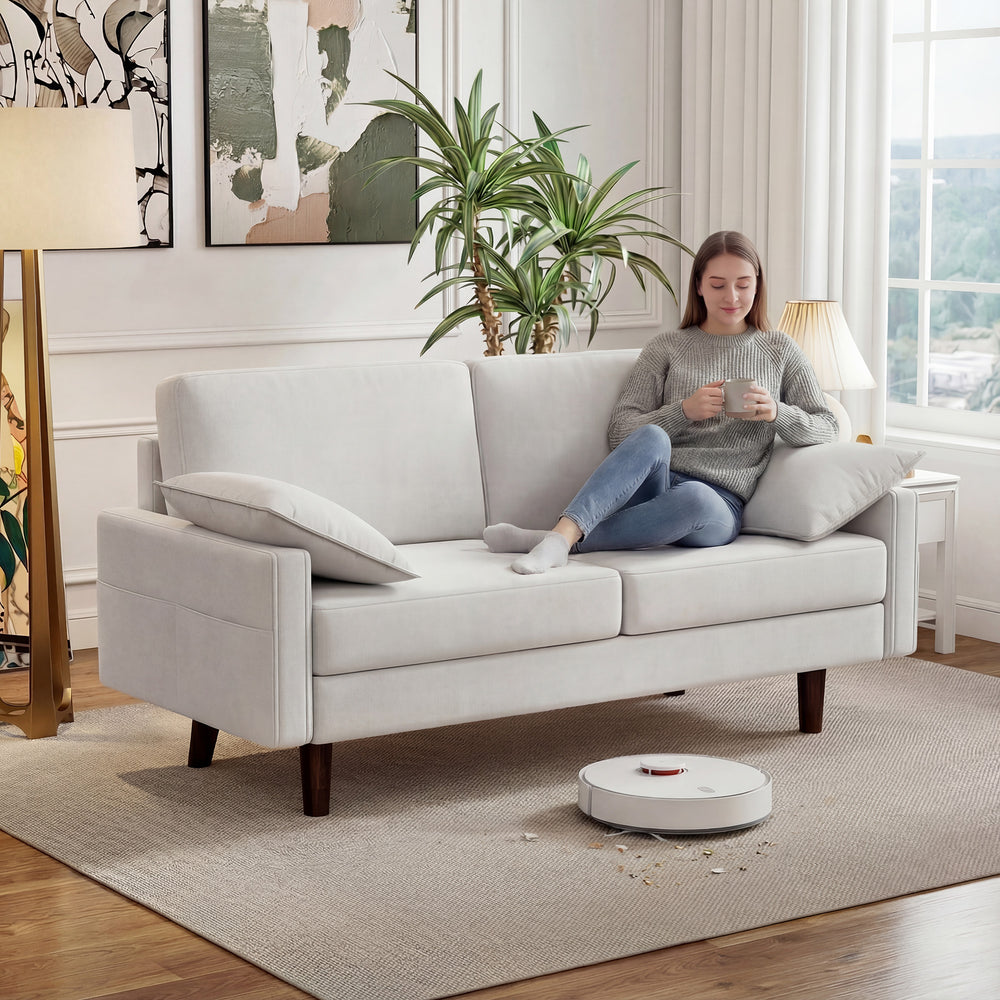 3 Seater Sofa, Velvet Upholstered Couch with Spring Cushions, Rubber Wood Legs and 2 Pillows, Cream White
