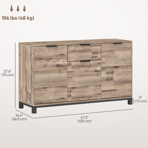 Buffet industriel avec 3 portes de 47", tiroir et 2 étagères réglables pour salon, grain de bois brun