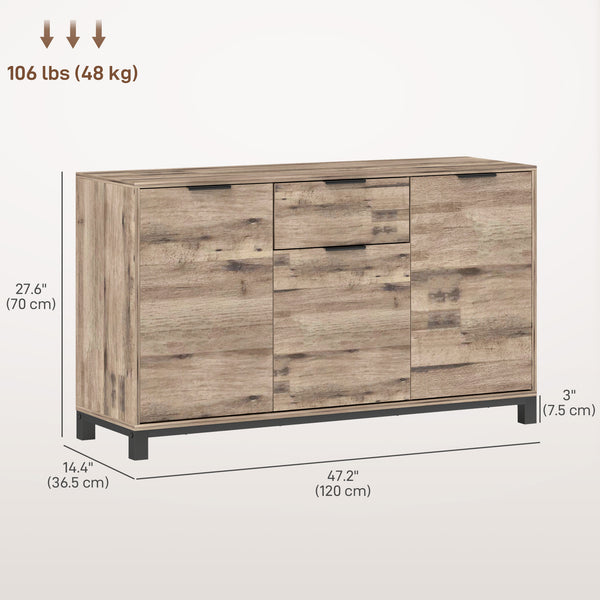 Buffet industriel avec 3 portes de 47", tiroir et 2 étagères réglables pour salon, grain de bois brun