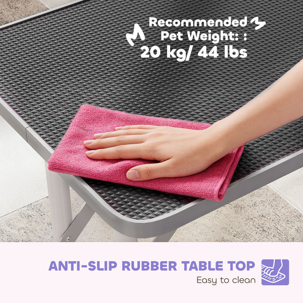 Foldable grooming table with adjustable arm and non-slip surface, black
