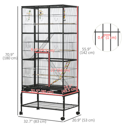Cage à oiseaux avec roulettes, perchoirs, rampe, étagère de rangement, jouets pour canaris, pinsons, calopsittes et perruches, noire