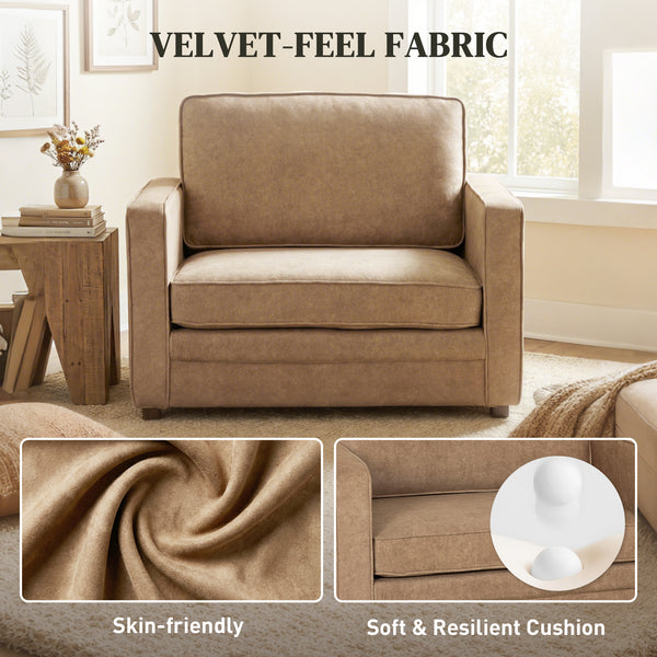 Occasional armchair in velvet-effect fabric with a wide seat, spring cushion, solid wood legs, brown