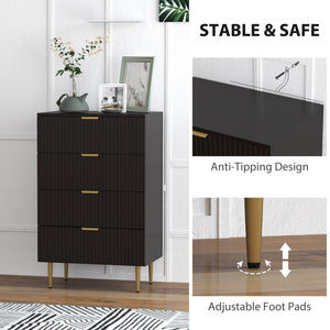 Modern 4-drawer dresser for bedroom, gold legs and handles, black