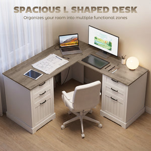 L Shaped Computer Desk with Power Outlets & USB Charging, Corner Desk with 6 Drawers, Hanging Bar, Brown and White