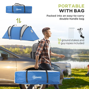 Camping tent with 2 rooms and a living area, 3000 mm waterproof, blue/grey