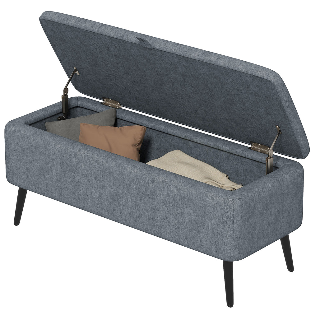 Banc ottoman de rangement rembourré en lin et pieds en acier, gris foncé