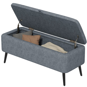 Banc ottoman de rangement rembourré en lin et pieds en acier, gris foncé