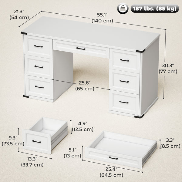 55" Computer Desk with 7 Drawers, Farmhouse Executive Desk for Home Office, Study, Bedroom, White Wood Grain