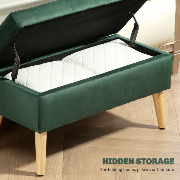 Pouf de rangement avec couvercle rembourré en velours et pieds en bois, vert foncé