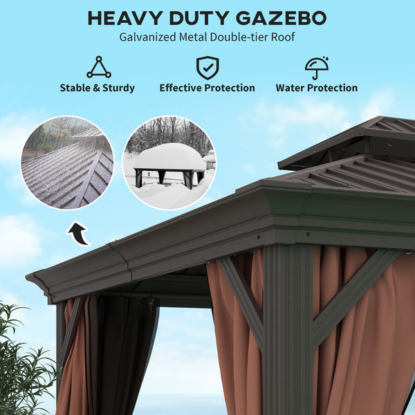 Gazebo 10' x 12' à toit rigide avec auvent galvanisé et parois latérales en filet pour pelouse et jardin, marron foncé