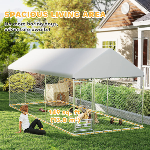 Outdoor Dog Run with Adjustable & Rotatable Bowls, Waterproof UV-Resistant Cover, Escape-Proof Lock, 19.7' x 7.5' x 7.5'