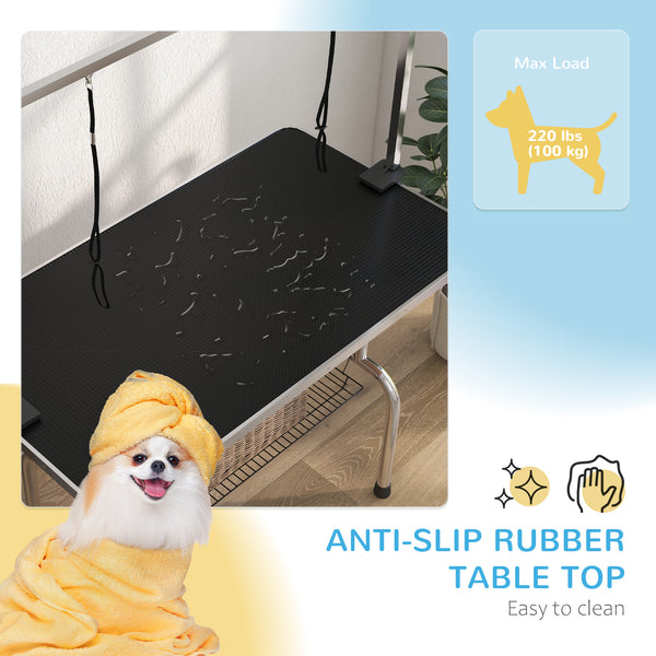 Adjustable Dog Grooming Table with 2 Safety Straps and Storage Basket, Black