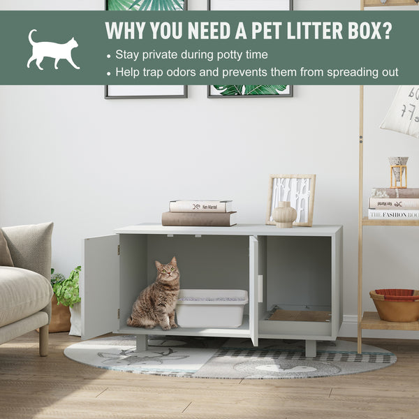 Litter box cabinet with scratching post, magnetic doors, gray