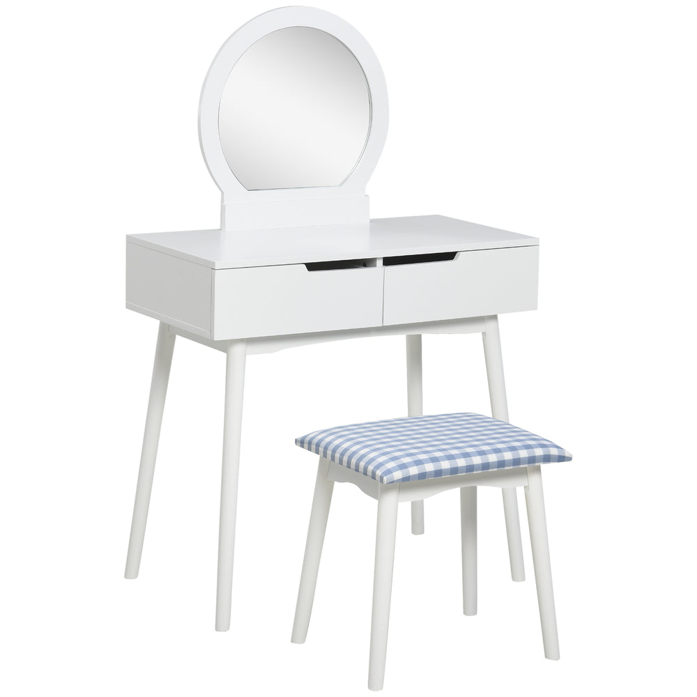 Coiffeuse avec miroir rond et 2 tiroirs, tabouret rembourré, blanc