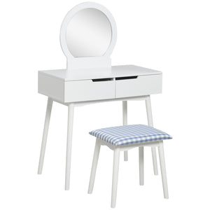 Coiffeuse avec miroir rond et 2 tiroirs, tabouret rembourré, blanc