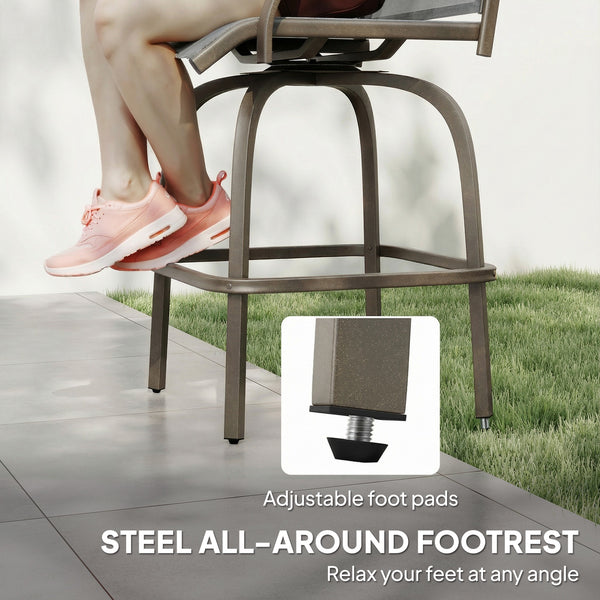 Outdoor Bar Stools Set of 2, Swivel Bar Height Chairs with High Back, Curved Armrests and Steel Frame, Light Grey