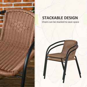 Ensemble de meubles 3 pièces en osier avec 2 chaises empilables et table basse en verre trempé, marron