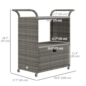 Chariot de service de jardin en résine tressée PE avec étagère à 2 niveaux, gris chiné