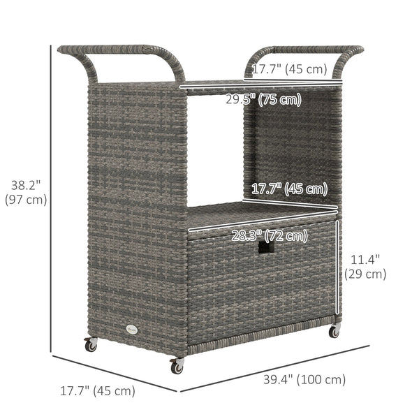 Chariot de service de jardin en résine tressée PE avec étagère à 2 niveaux, gris chiné