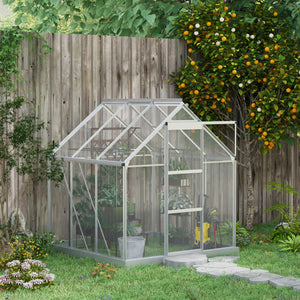 Polycarbonate greenhouse with sliding door, window, aluminum frame and foundation