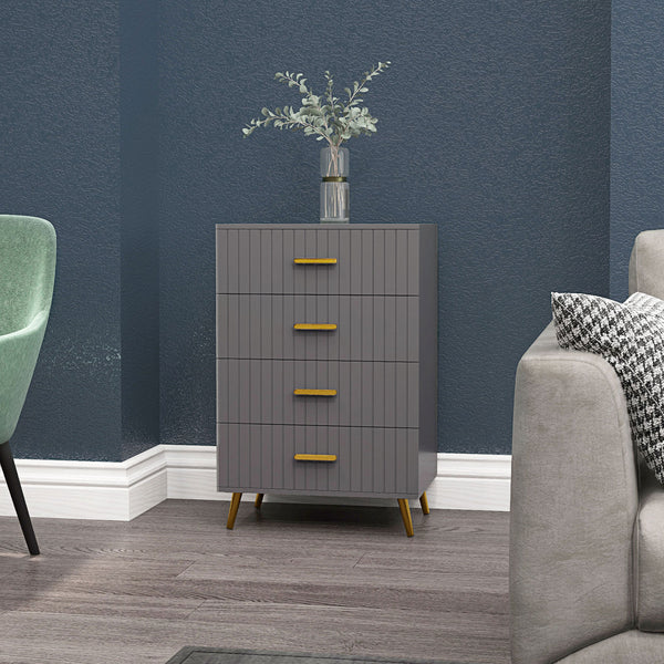 Chest of drawers with 4 drawers, aluminum legs and gold handles, dark grey.