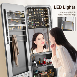 Armoire à bijoux sur pied avec miroir et LED à angle réglable, gris