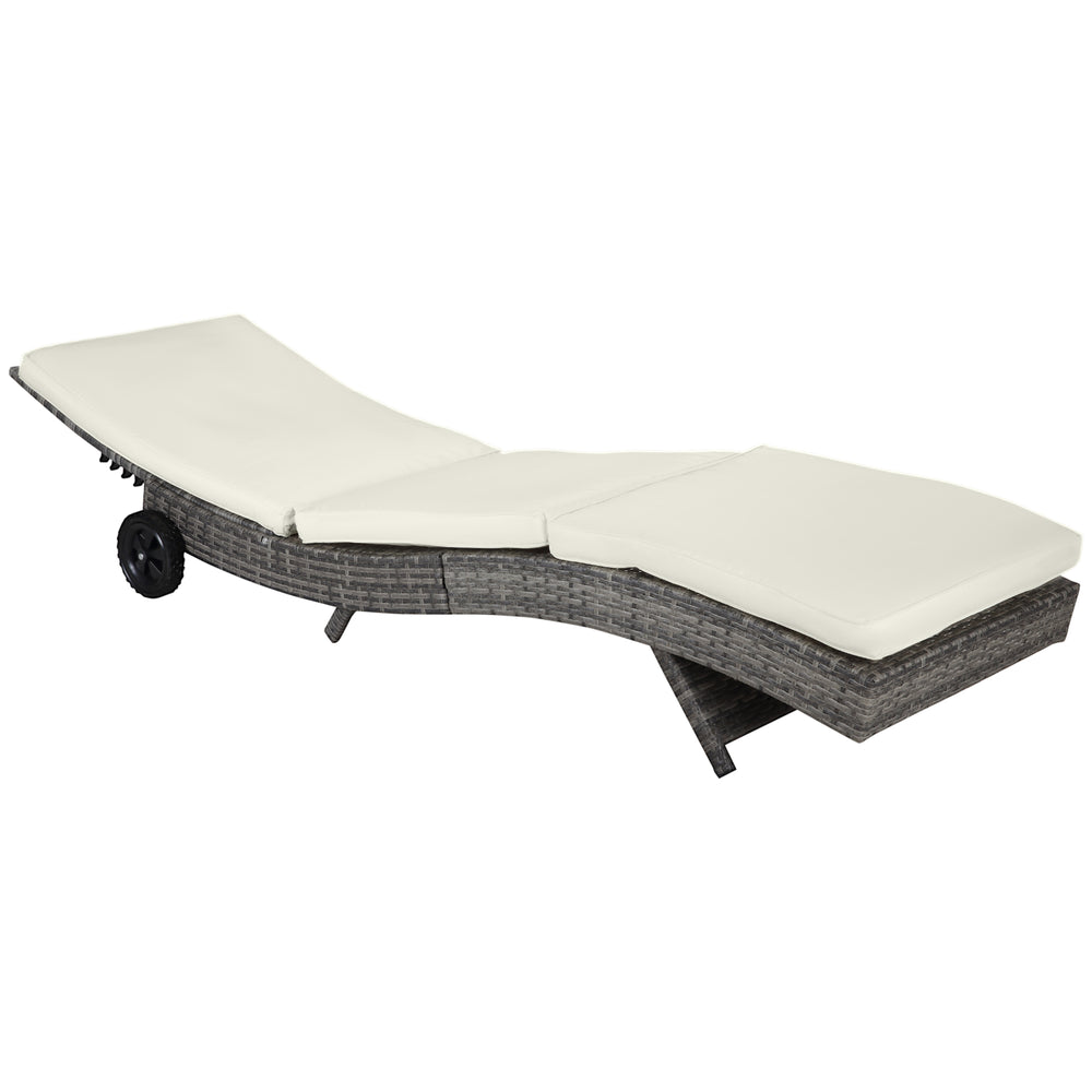 Outdoor Adjustable Wicker Chaise Lounge Chair with Cushion & Wheels for Patio, Deck, Poolside, Cream White