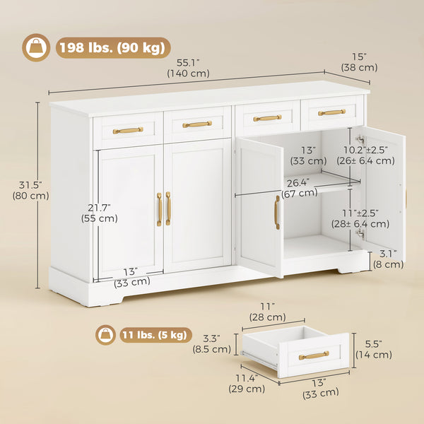 Buffet blanc 55 po à 4 portes et 4 tiroirs