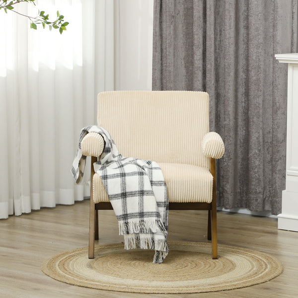 Fauteuil d'appoint en velours côtelé avec assise large et accoudoirs rembourrés, beige