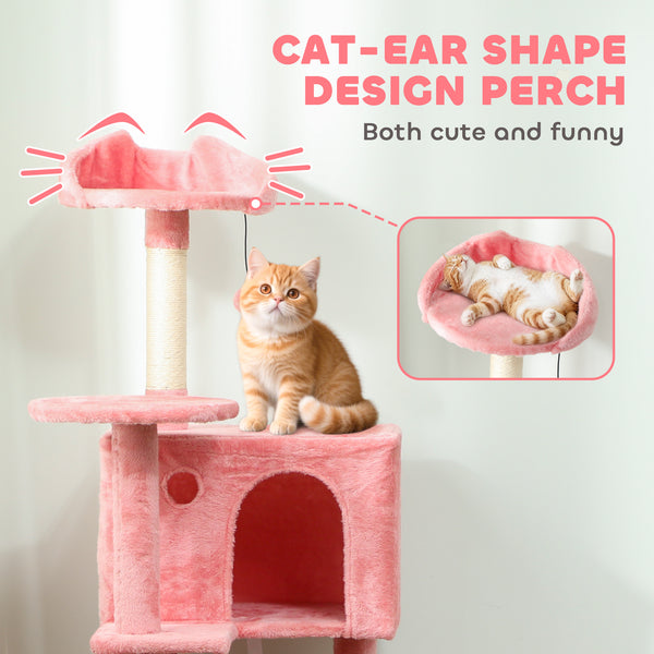 Arbre à chat de 160 cm avec griffoirs en sisal, cabanes, perchoirs en peluche, hamac, rose