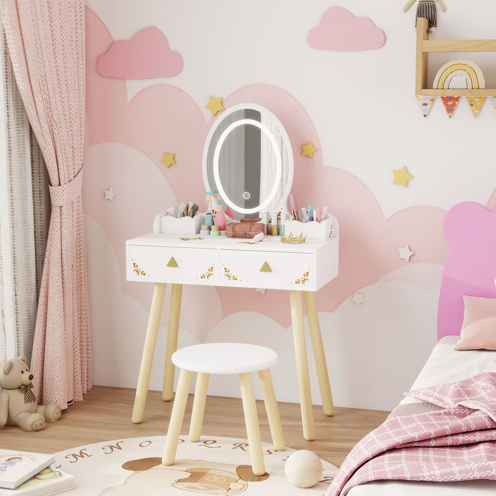 Coiffeuse pour enfants avec miroir, tabouret et lumières LED 3 couleurs, blanche