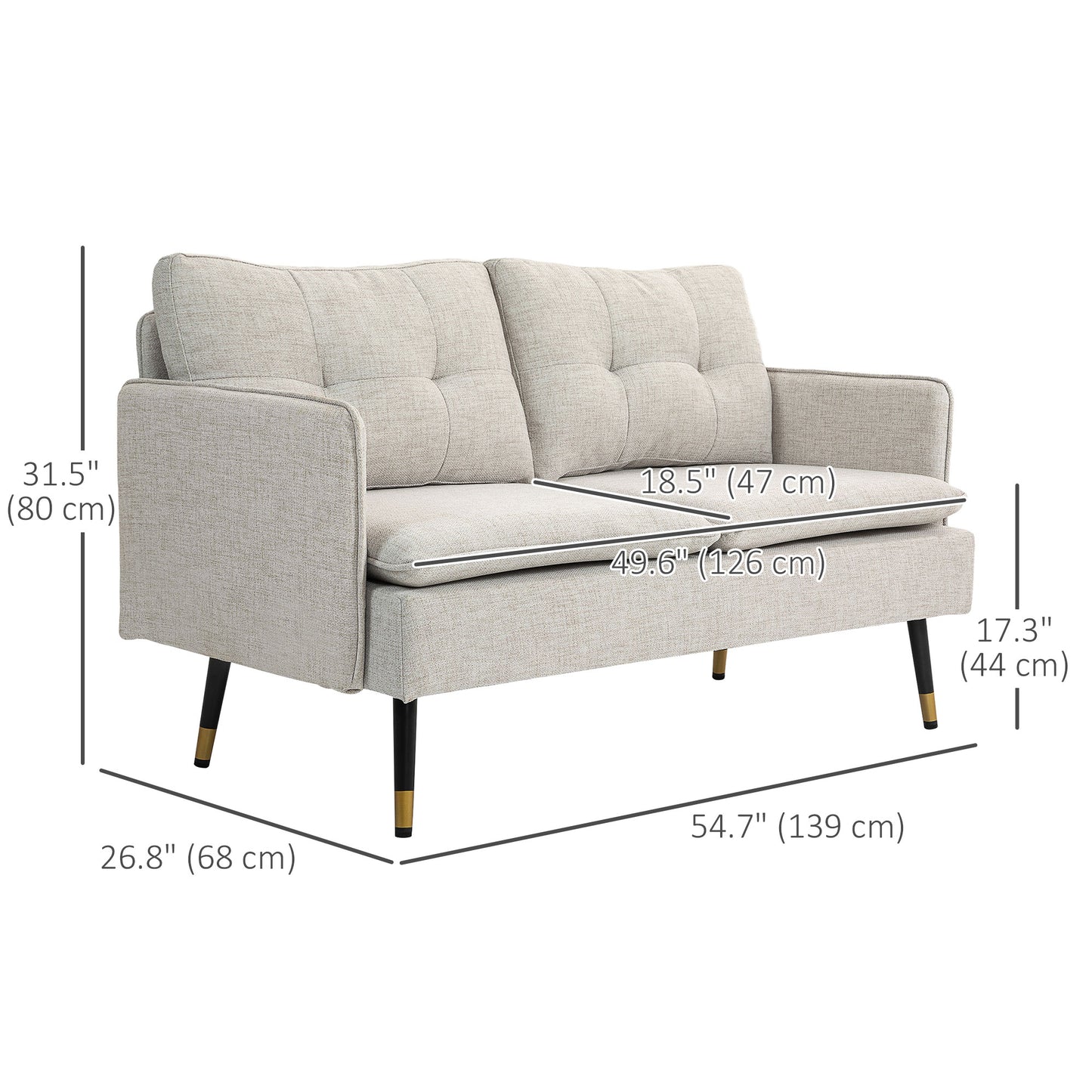 Canapé causeuse moderne 55 pouces en tissu avec dossier capitonné et pieds en acier, pour chambre à coucher et salon, blanc crème