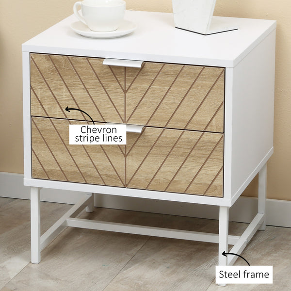 Table de chevet moderne avec 2 tiroirs et structure en acier, blanc et chêne