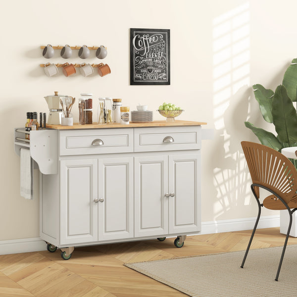 Îlot de cuisine avec rangement avec abattant, plateau en bois d'hévéa et étagères réglables, blanc crème