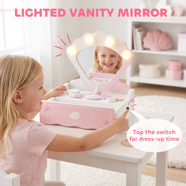 Coiffeuse de jeu pour enfant avec miroir lumineux, tiroir et 8 accessoires