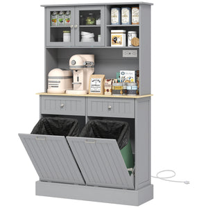 Armoire de rangement de cuisine avec prises électriques, 2 tiroirs et compartiments basculants – Gris et bois naturel