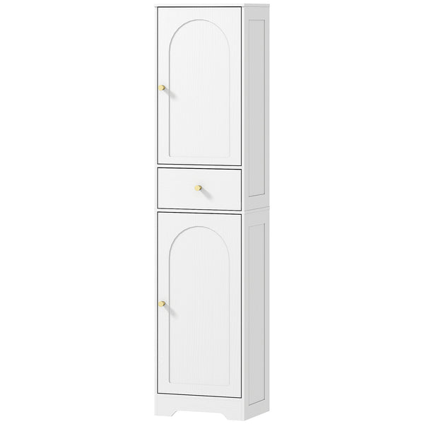 Meuble de rangement fin avec 2 portes, tiroir et étagère réglable, aspect bois blanc