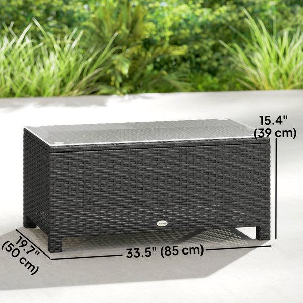 Table basse d'extérieur en résine tressée PE avec plateau en verre, gris foncé