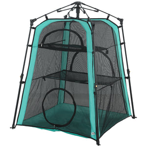 3-tier portable pet tent, indoor/outdoor use, multiple doors, carry bag, and breathable mesh.